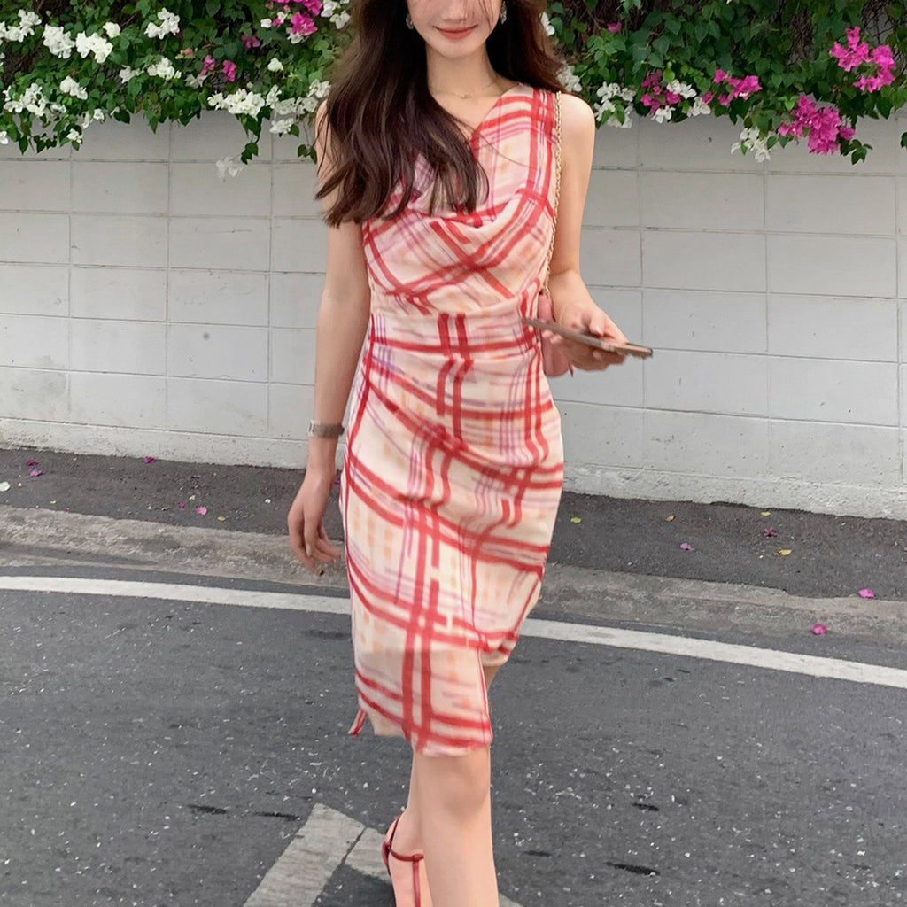 Rotes Plaid-Off-Shoulder-Kleid, Taille