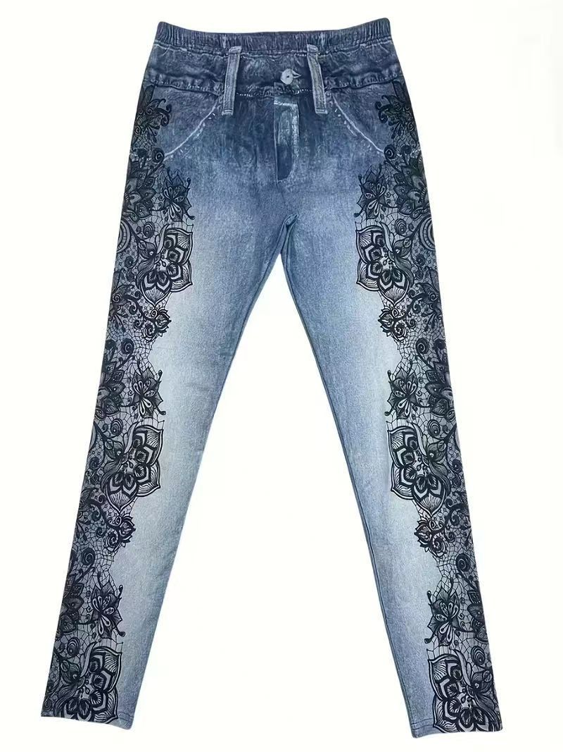 Blaues Skinny-Pantalon mit Print