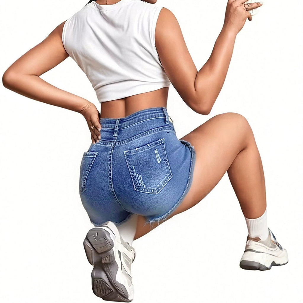 Jeans-Shorts «Cristal» · Strass-Besatz, Mid-Rise Stretch