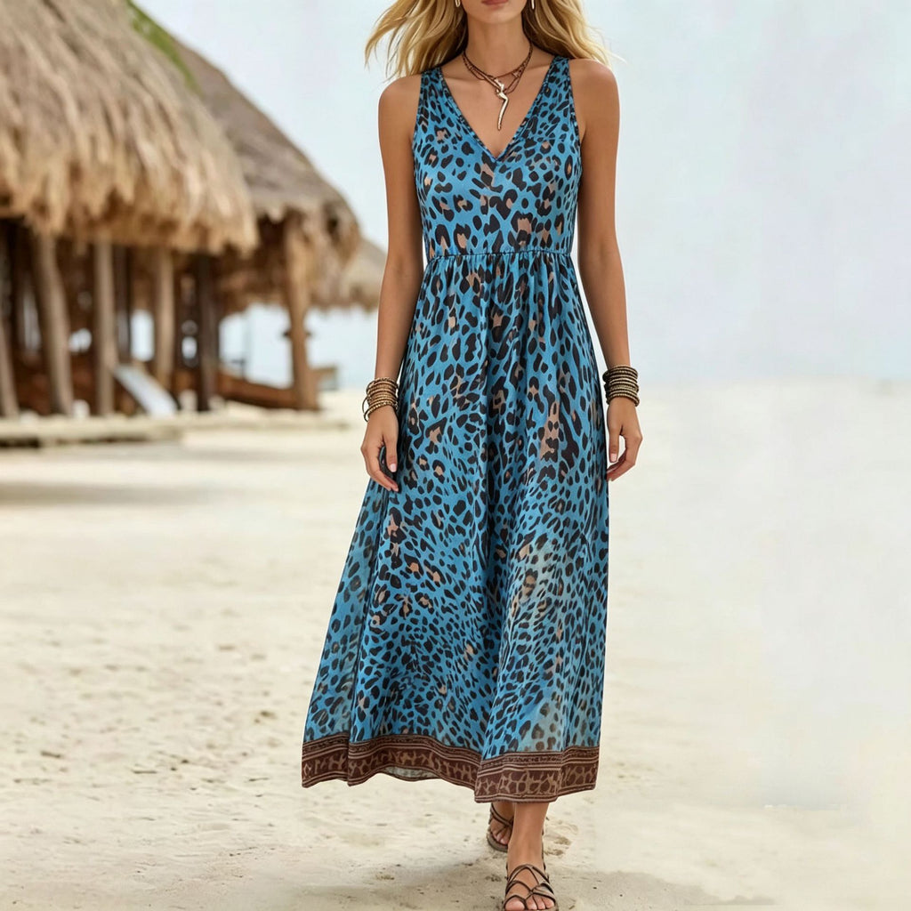 Ärmelloses V-Neck Kleid mit Leo-Print