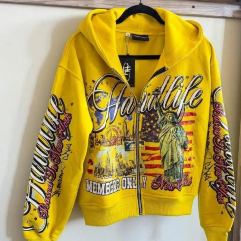 Retro Letter-Print Strickjacke mit Kapuze