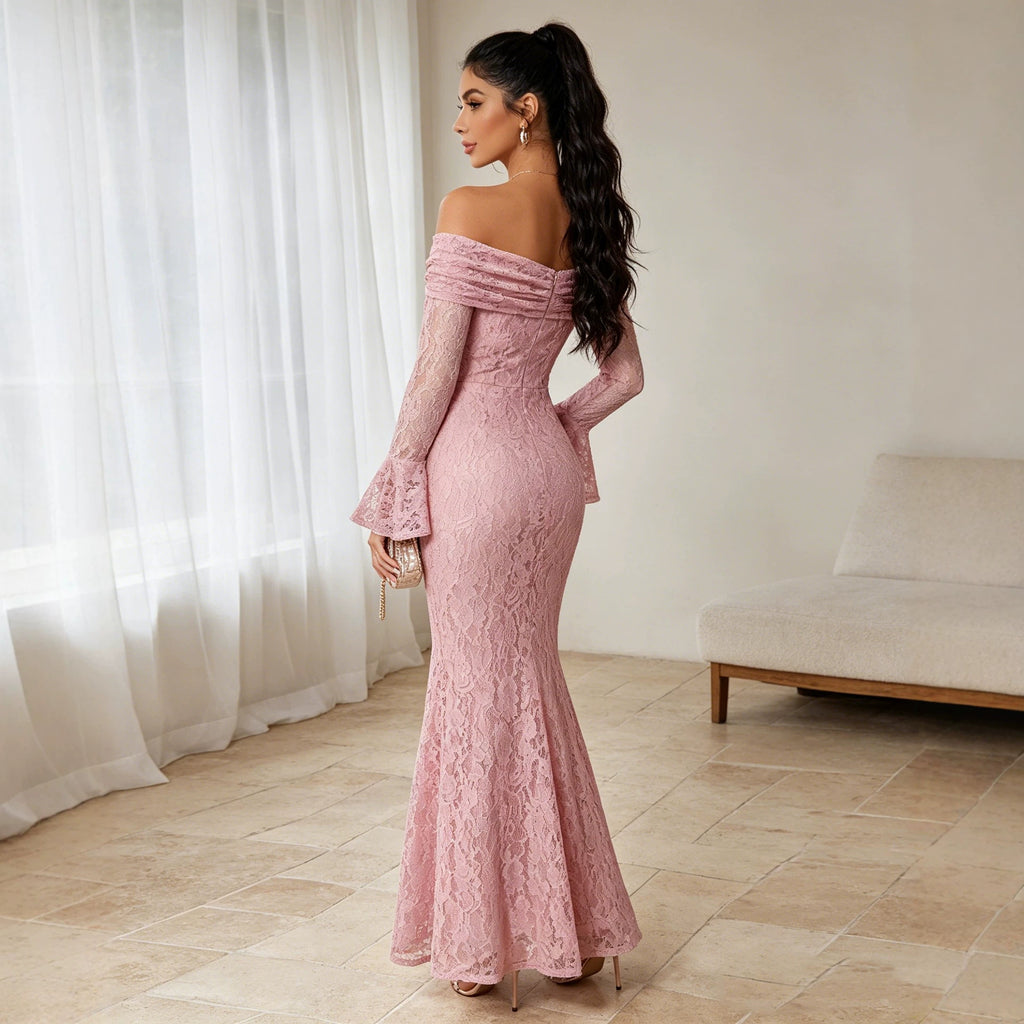 Damen Spitzenkleid Langarm Off-Shoulder