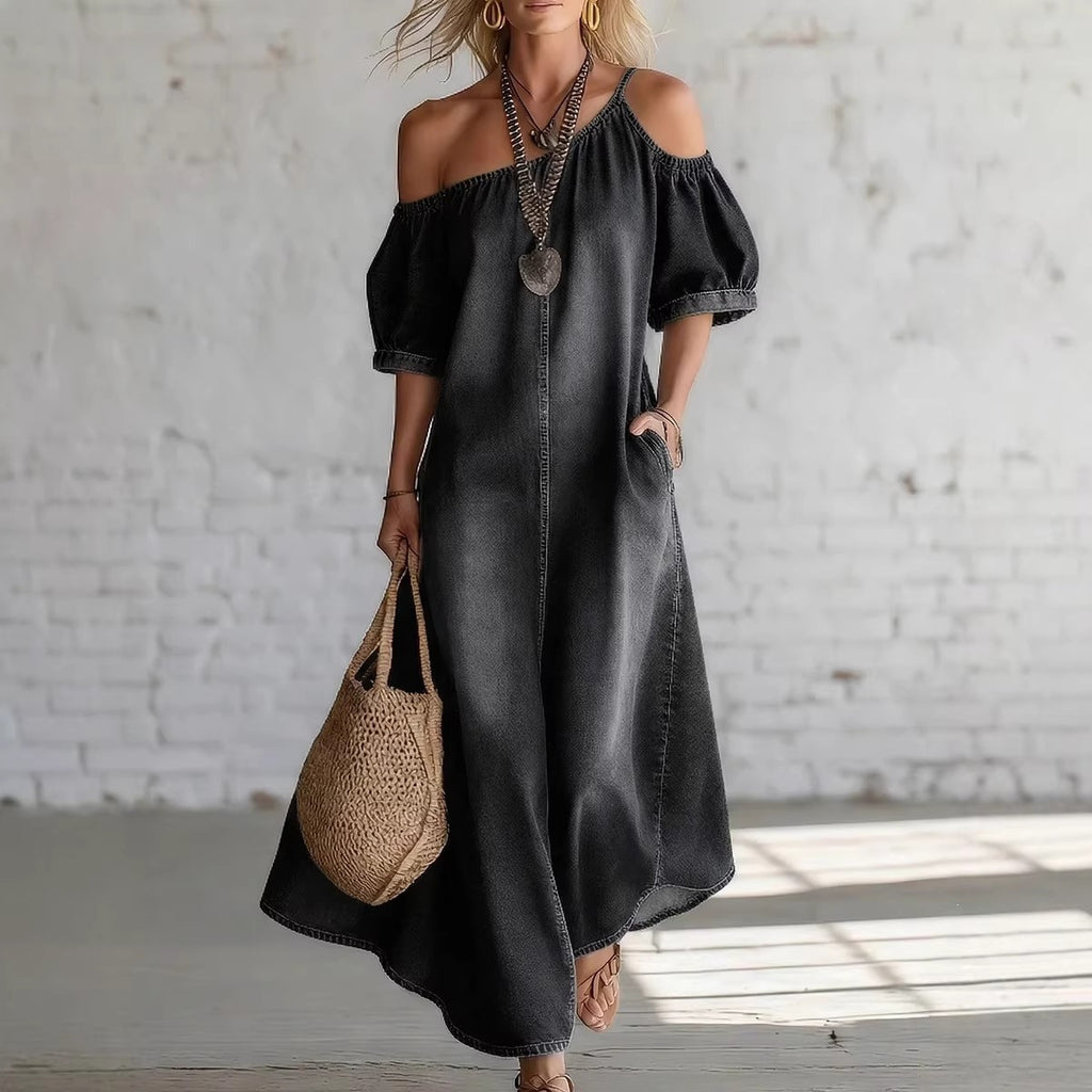 Chic Off-Shoulder Jeans-Maxikleid mit Schlitz | LuxeStyle