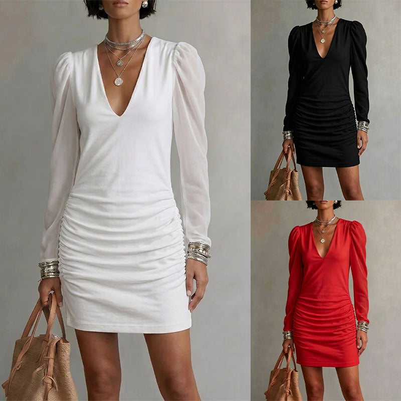 Elegantes Slim-Fit V-Neck Langarmkleid