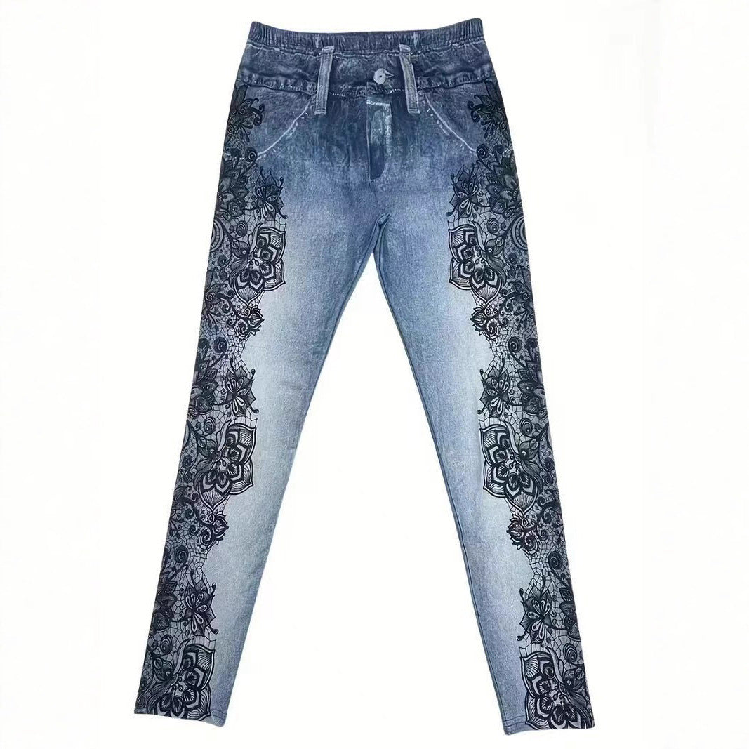Blaues Skinny-Pantalon mit Print