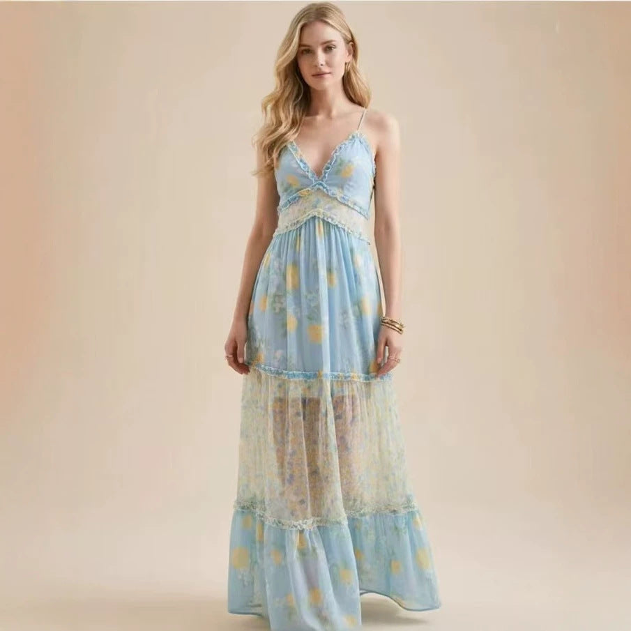Geblümtes Chiffonkleid mit V-Ausschnitt
