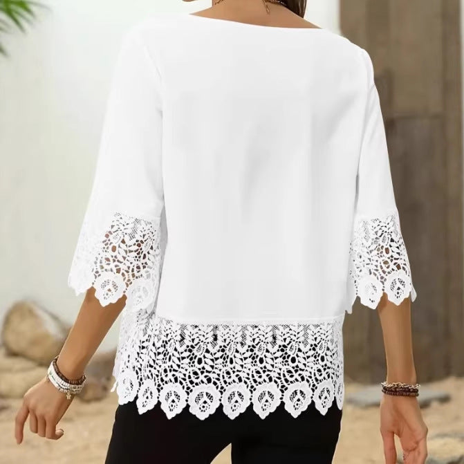 Spitzenbesetztes Langarmshirt mit Rundhals