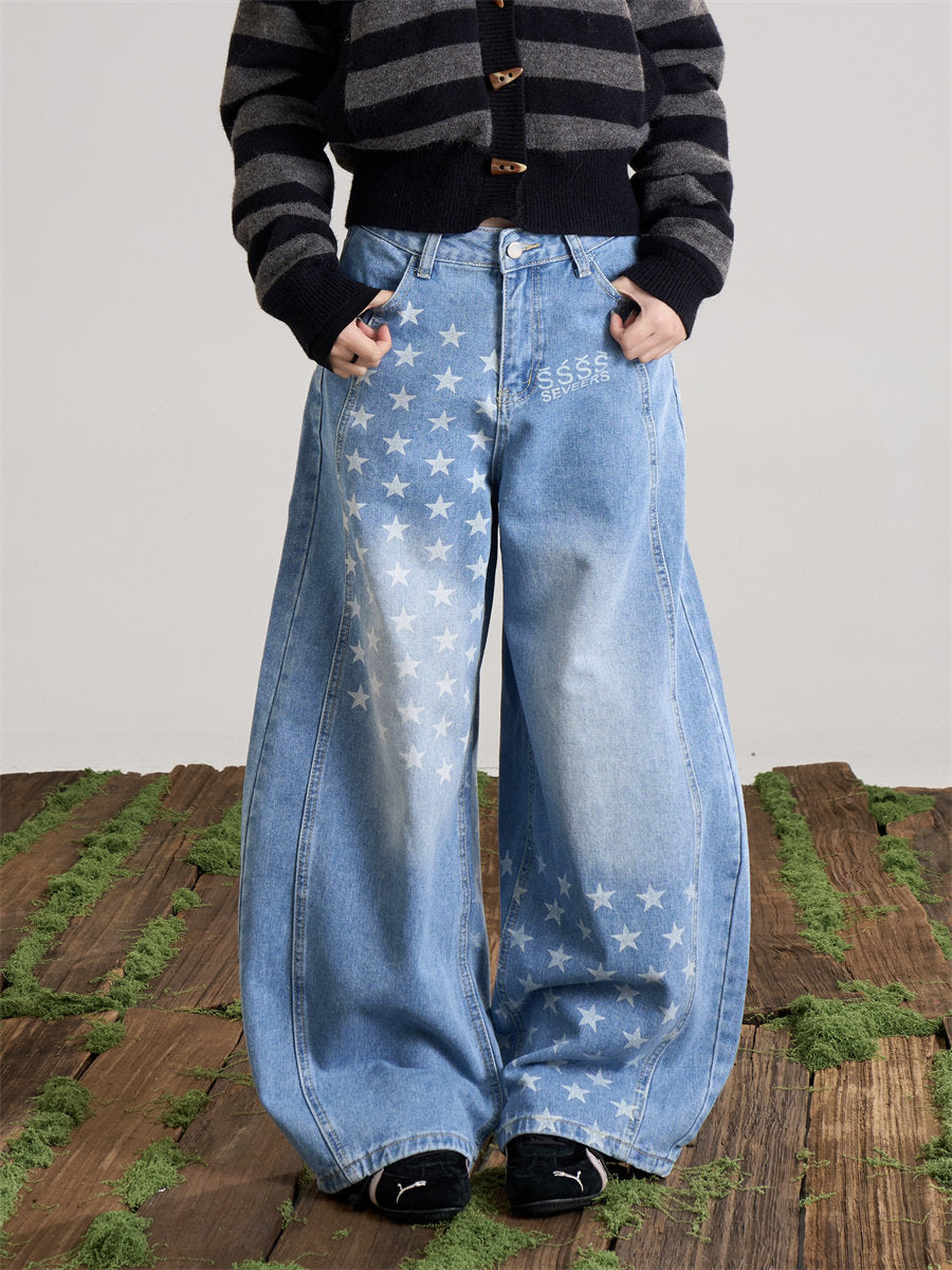 Retro Star-Print Jeans mit weitem Bein – Ansicht 3