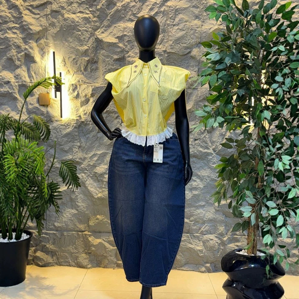 Gestreiftes Kurzarmhemd mit Perlen-Patchwork