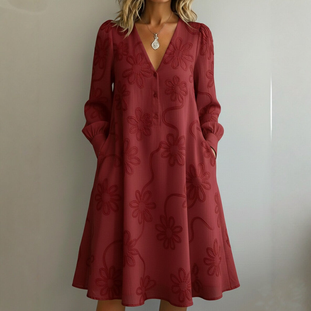 Elegantes Vintage Blumenstickerei V-Neck Kleid