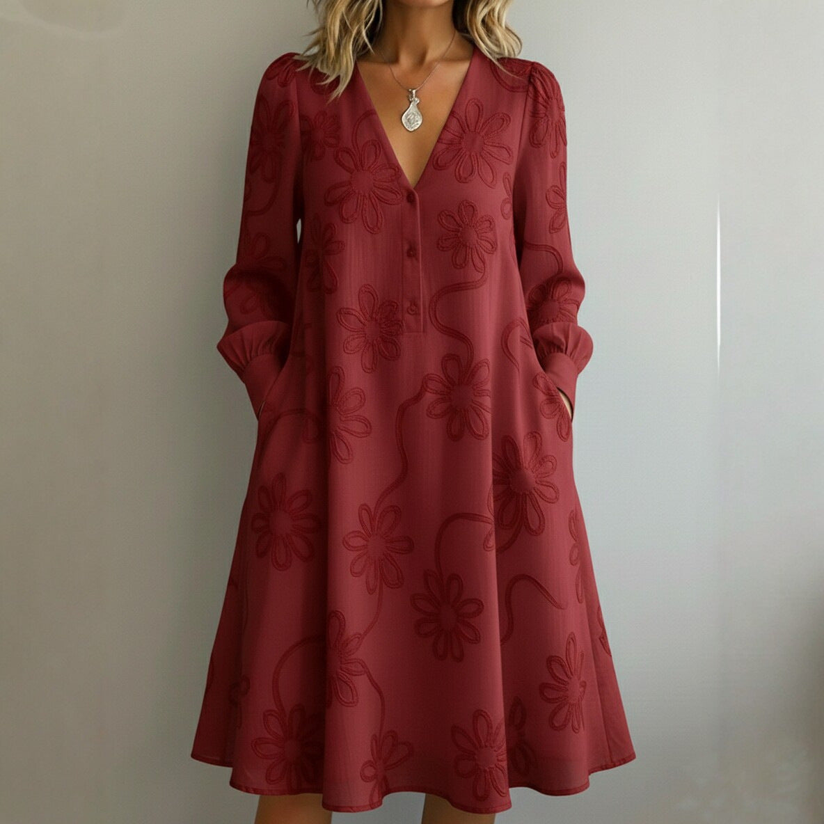 Elegantes Vintage Blumenstickerei V-Neck Kleid