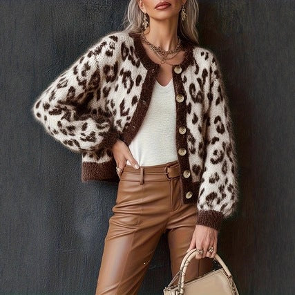 Jacquard Cardigan mit Leo-Print