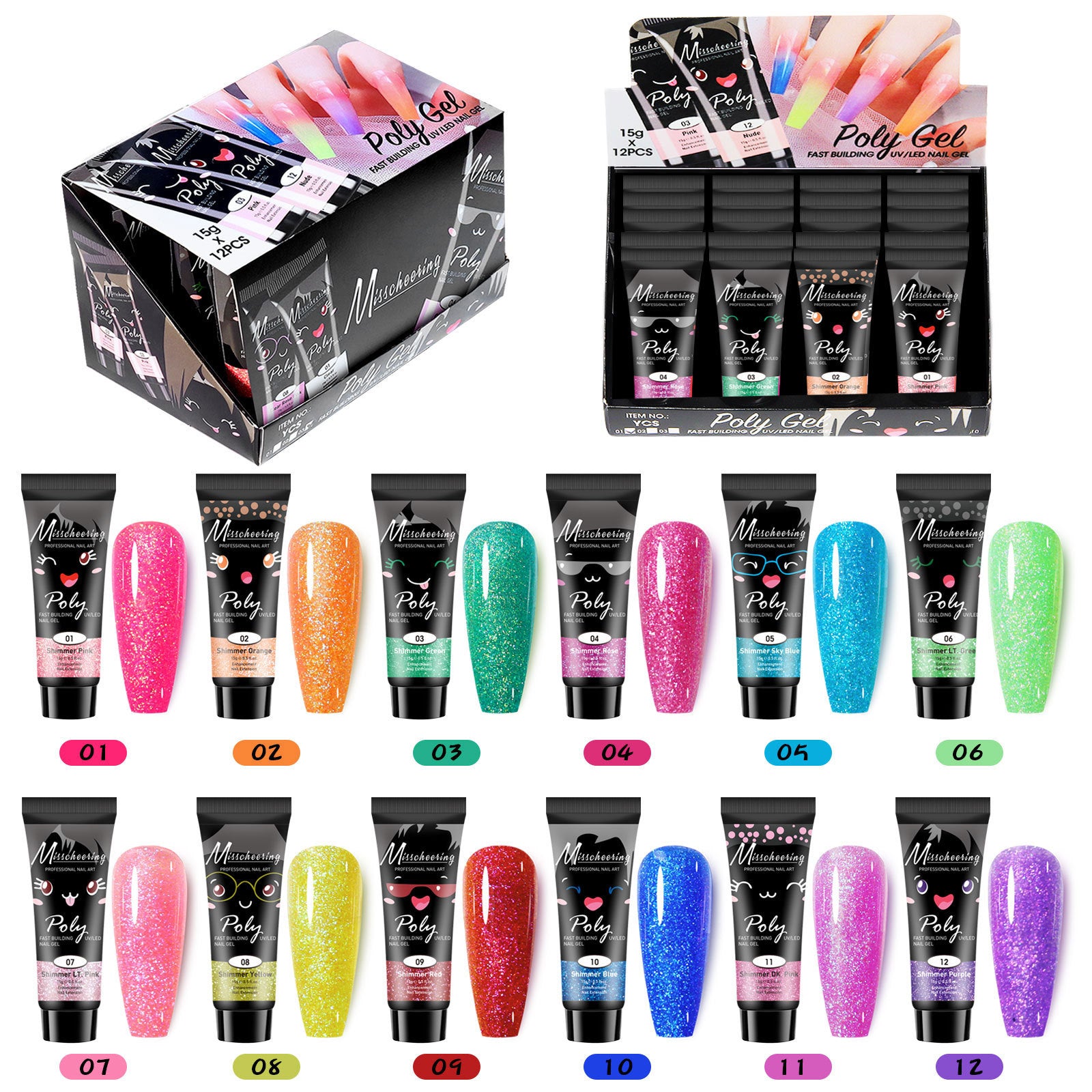 12 Farben Pailletten Nagelverlängerungs-Set