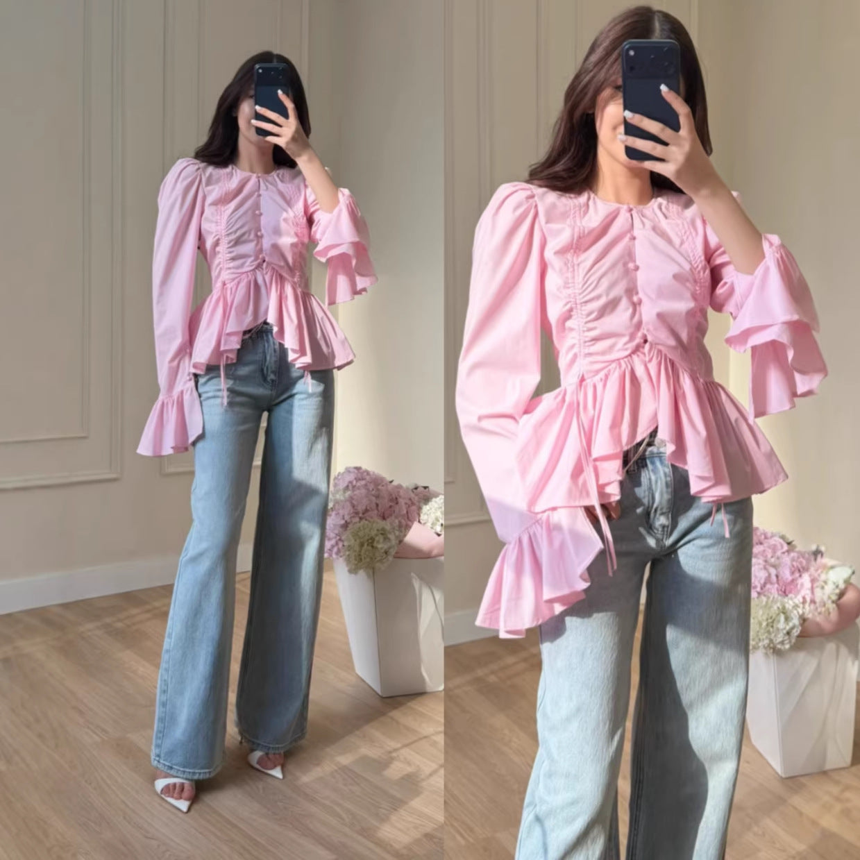 Elegante Damenbluse mit Rüschen und Knopfleiste