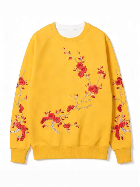 Schwarzes Sweatshirt mit rotem Pflaumenmuster