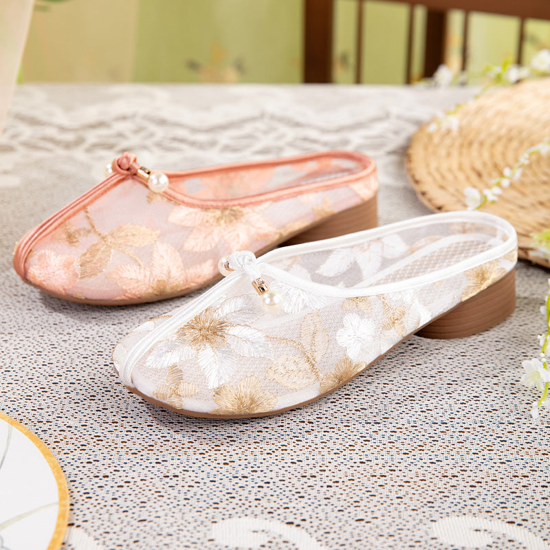 Bestickte Mesh-Mules mit tiefem Absatz