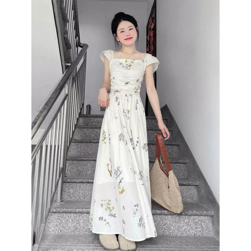 Geblümtes Puffärmel-Midikleid