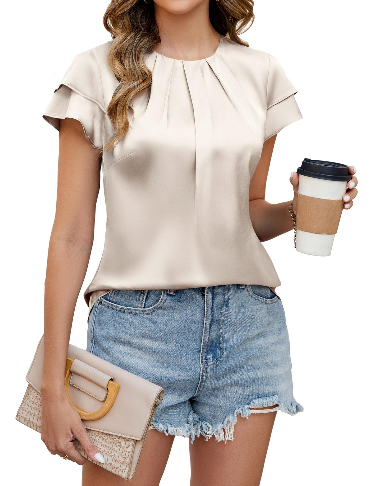 Satin-Shirt mit Plissee-Ärmeln und geschwungenem Saum – Bild 4 | LuxeStyle