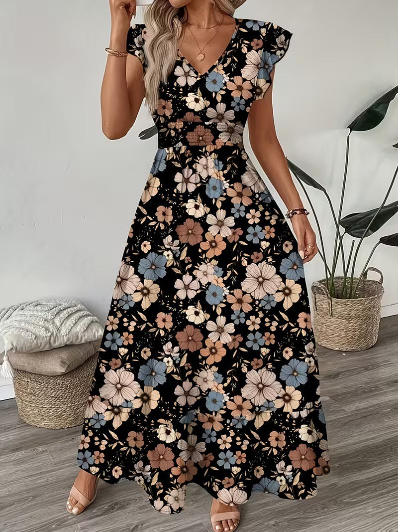 Damen V-Ausschnitt Dolman-Kleid mit Blumenmuster
