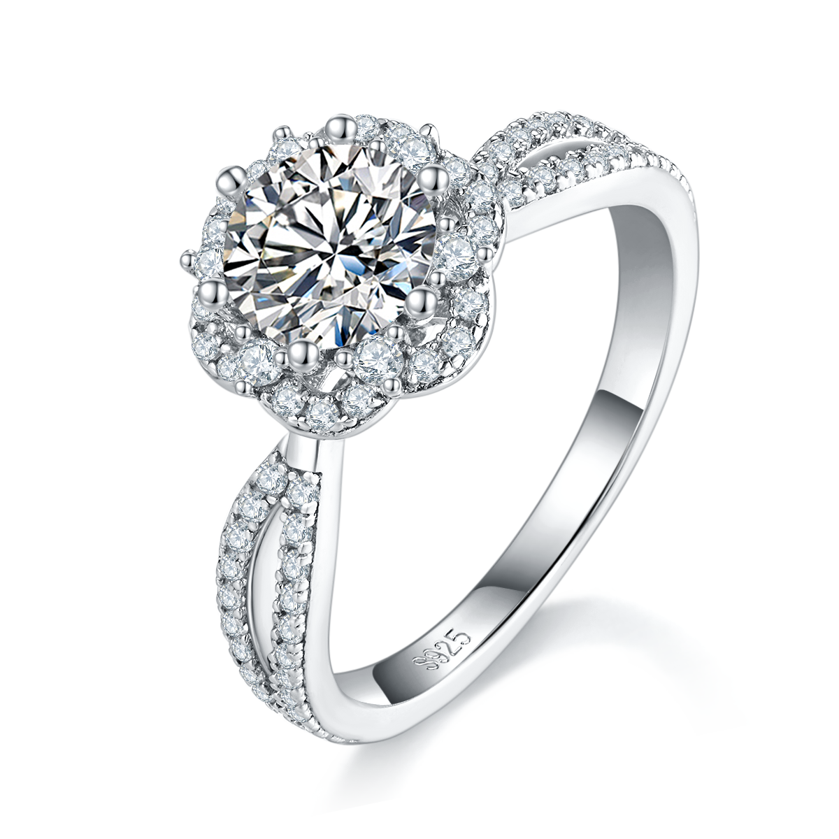 S925 Silber Moissanit Ring mit Halo & Twist Band