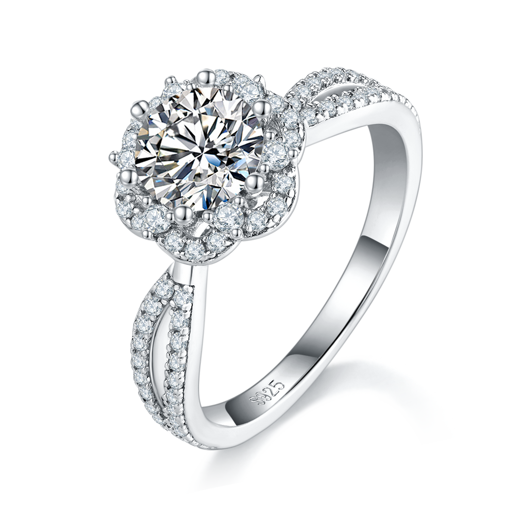 Schweizer S925 Silber 1ct Moissanit Ring 6.5mm D-VVS1 Halo-Twist-Band