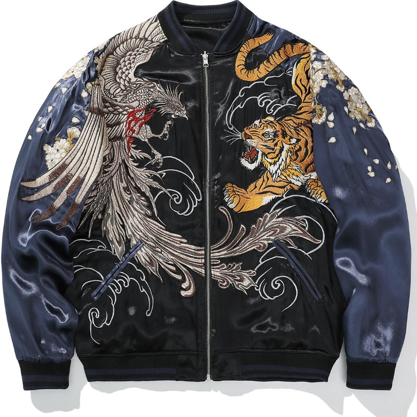 Baseballjacke mit Tiger- und Phönix-Stickerei