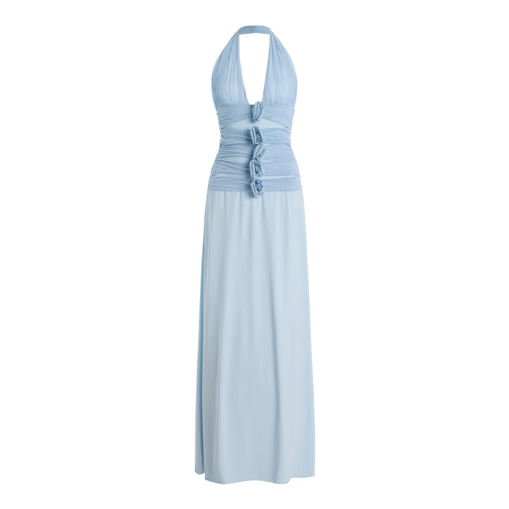 Blaues Strickkleid mit tiefem V-Rücken und Blumen | LuxeStyle