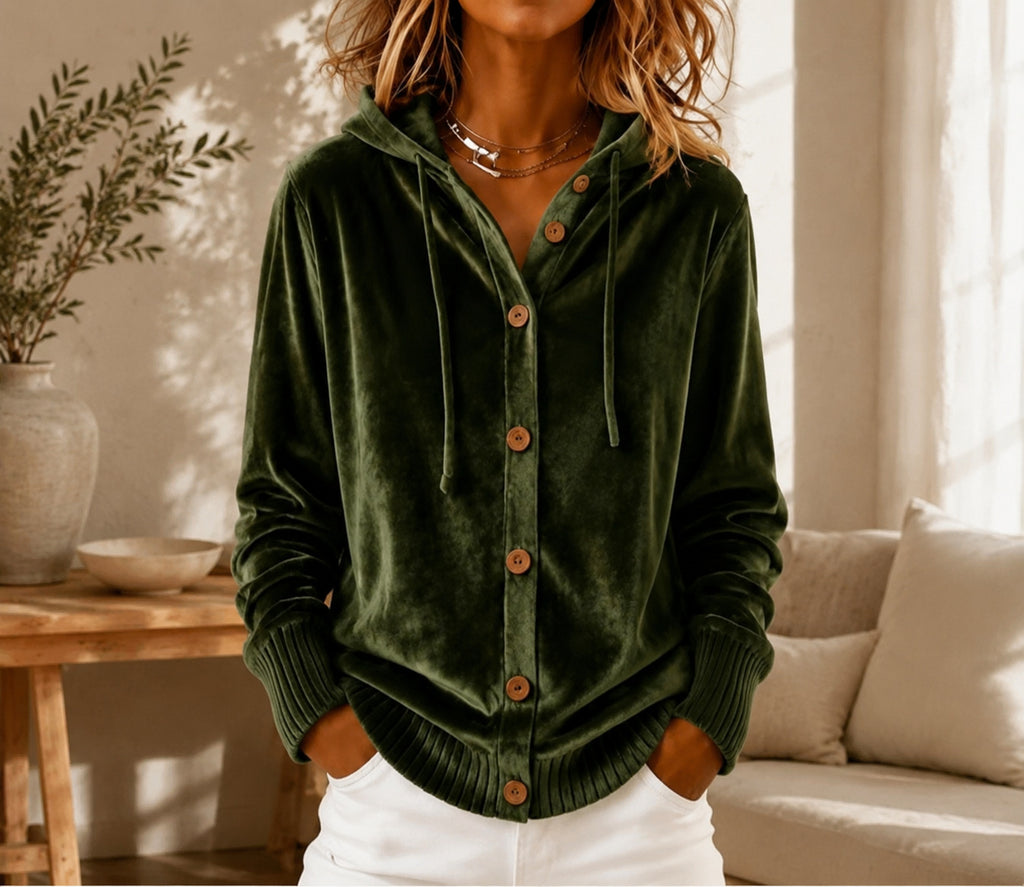 Samt-Cardigan mit Kapuze und Knöpfen – Ansicht 2