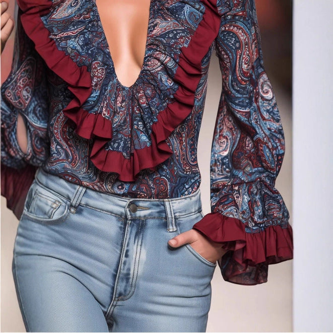 V-Ausschnitt Chiffon-Shirt mit Print – Bild 2 | LuxeStyle