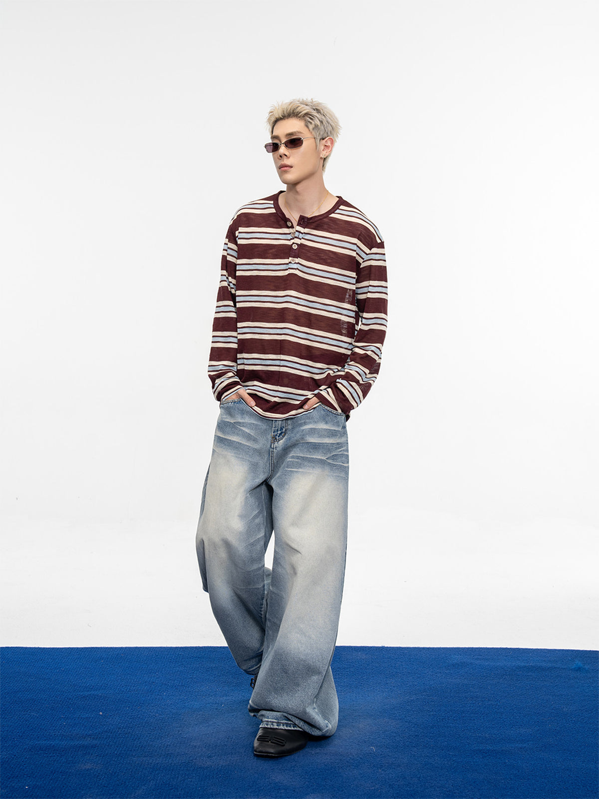 Burgunder- und Blaue Streifen-Henley mit Fleece – Bild 2 | LuxeStyle