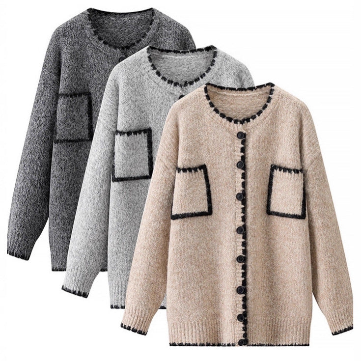 Retro Color-Block Cardigan mit Taschen