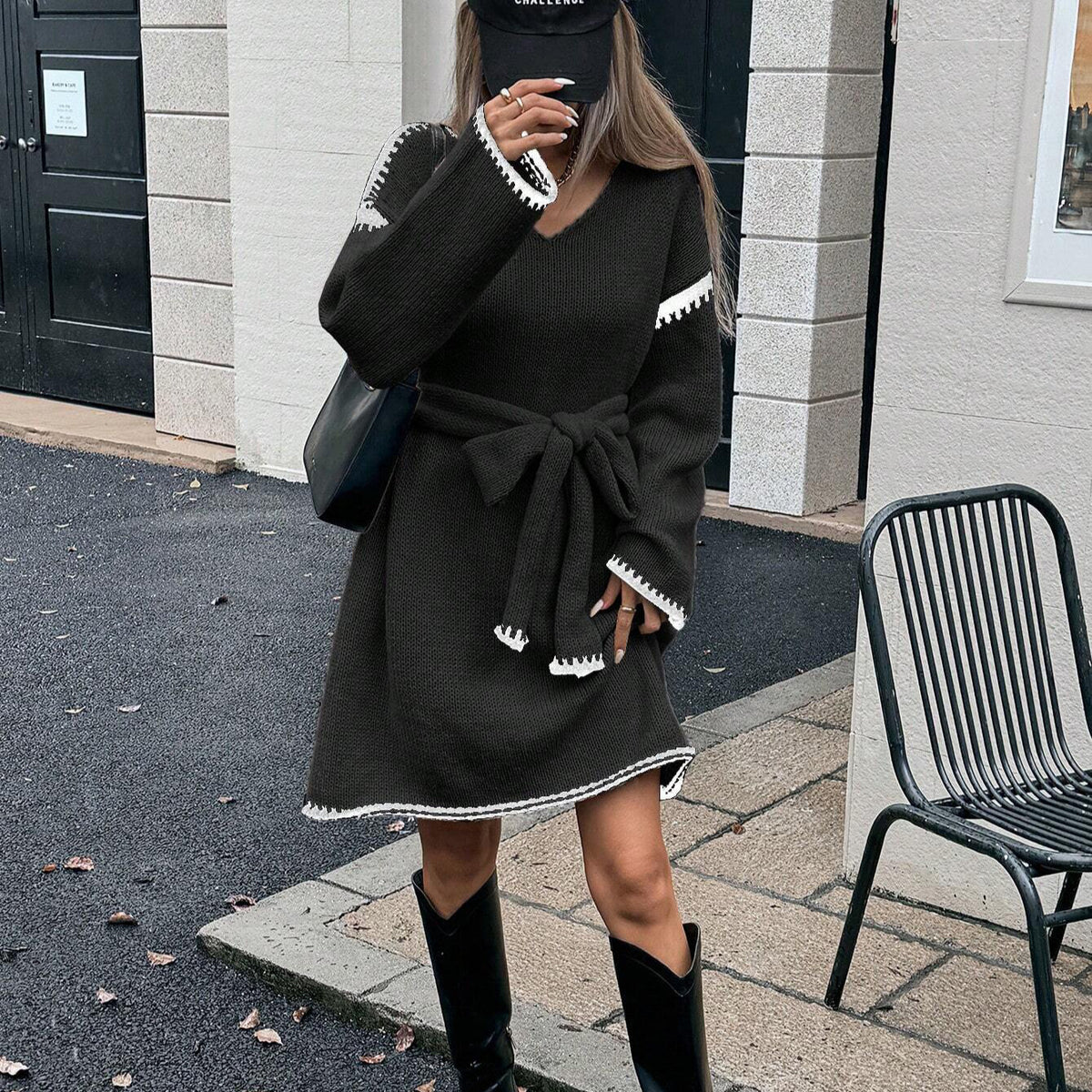Midi-Kleid mit Farbblock und Taillengürtel – Bild 3 | LuxeStyle