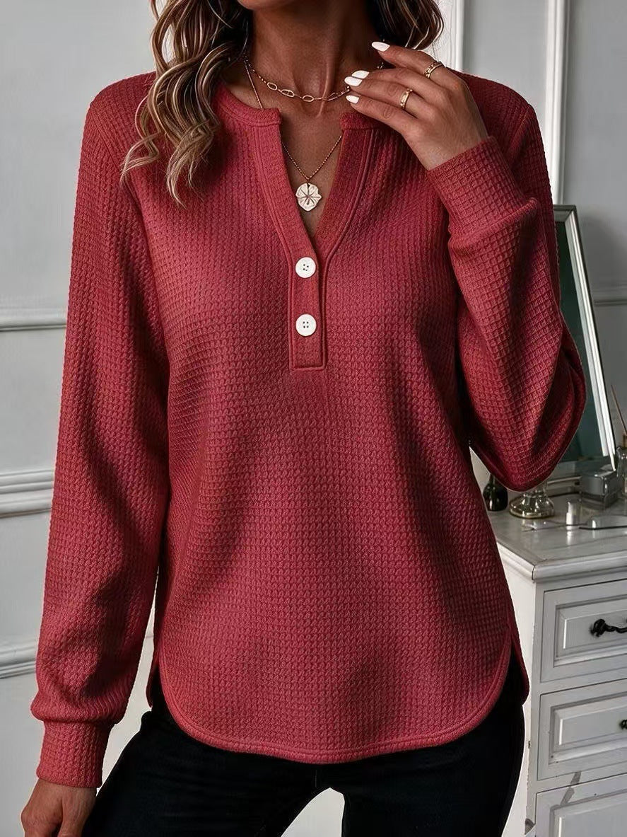 Damen-V-Neck Langarmshirt mit Doppel-Hemdblende