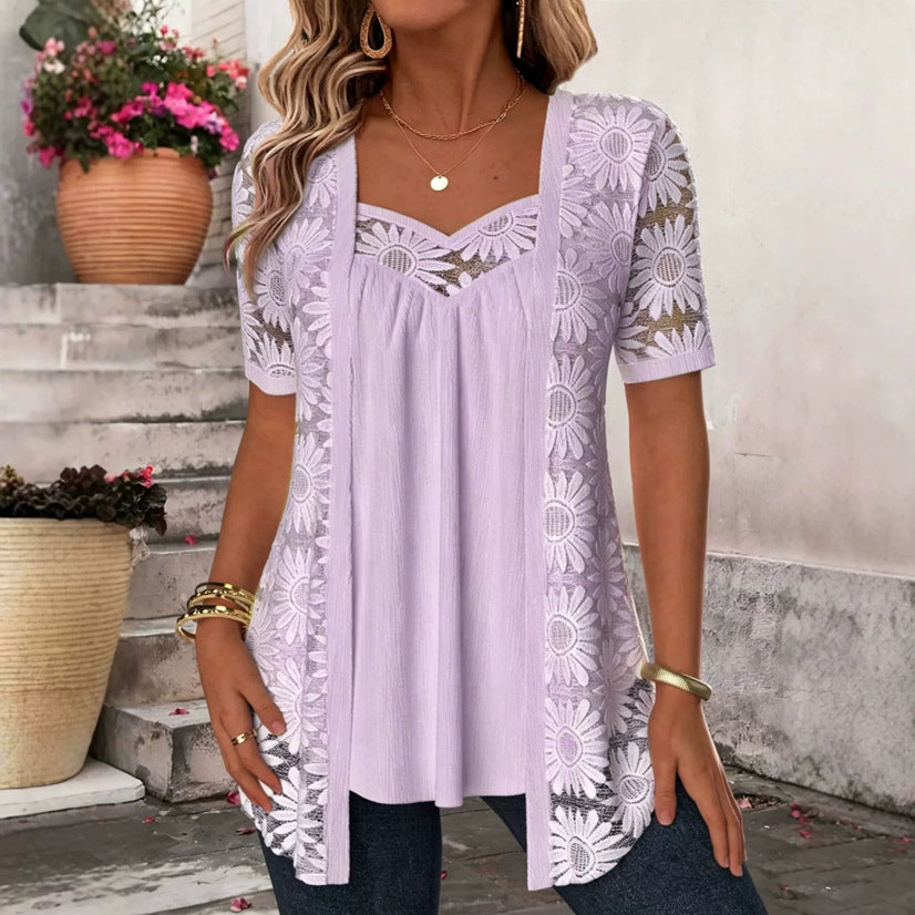 Blazer-Top mit Blumenmuster und Spitzenbesatz
