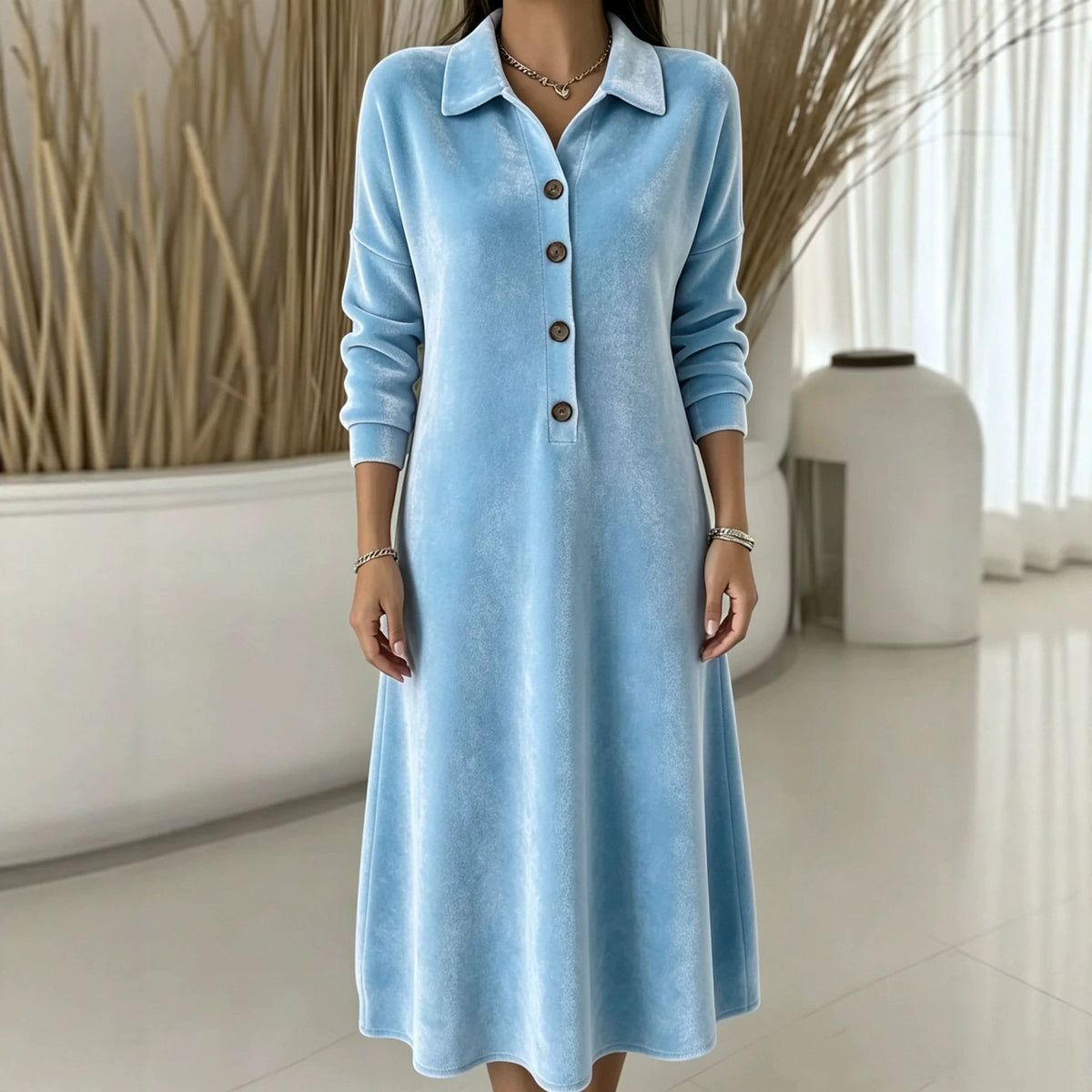 Samtkleid mit Knopfleiste und langen Ärmeln – Bild 9 | LuxeStyle