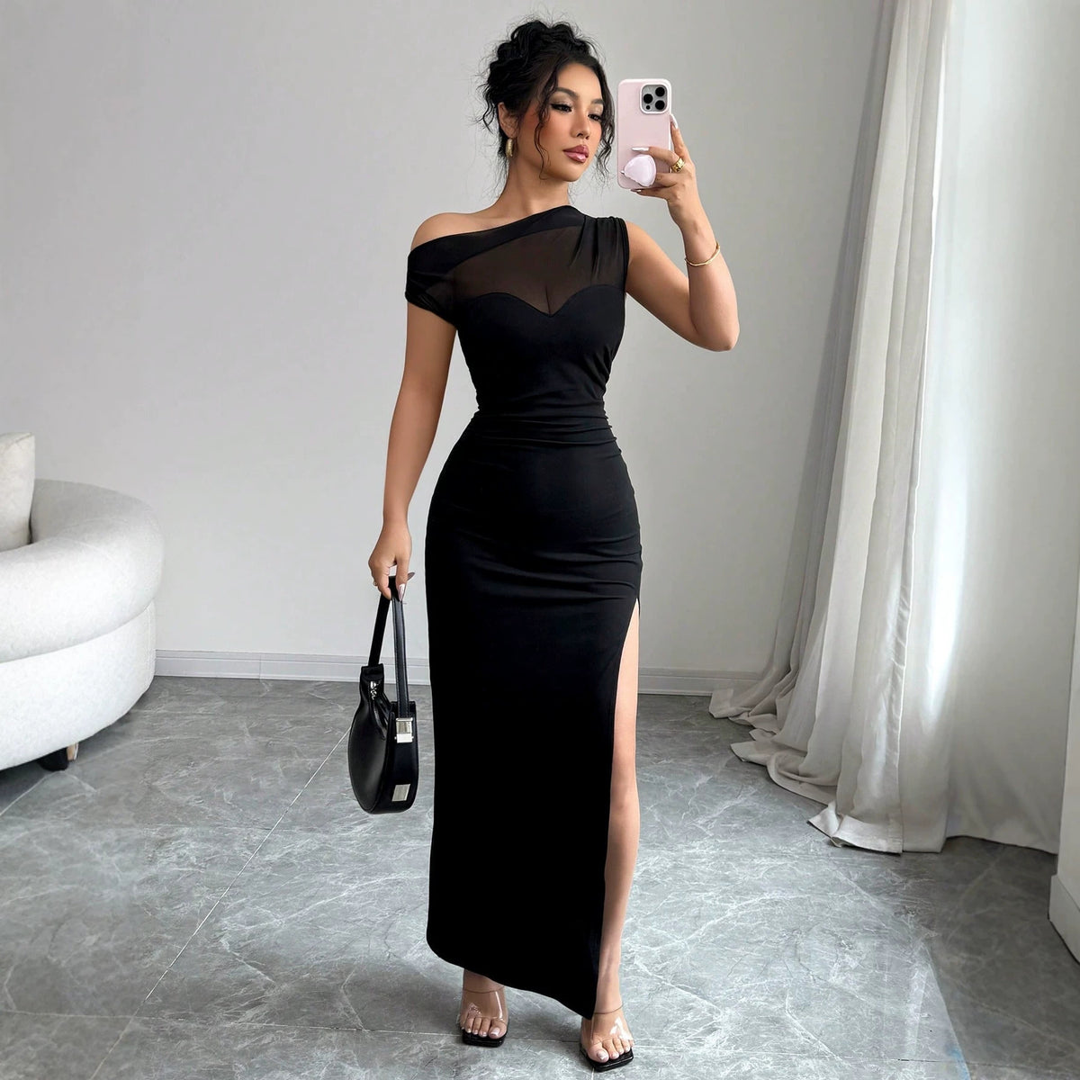Schwarzes Off-Shoulder Spliced Kleid | LuxeStyle