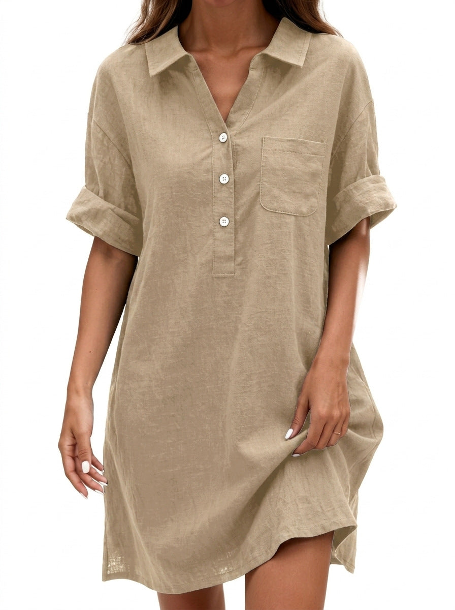 Leinen-Baumwoll-Kleid mit Hemdkragen – Bild 4 | LuxeStyle