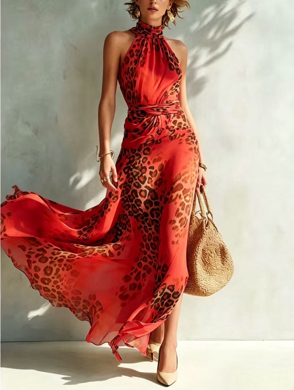 Ärmelloses Halterneck-Leopardenkleid