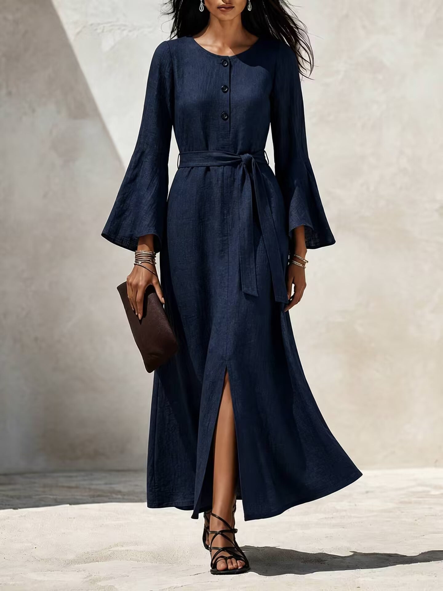 Damen Casual Leinenkleid mit ausgestellten Ärmeln