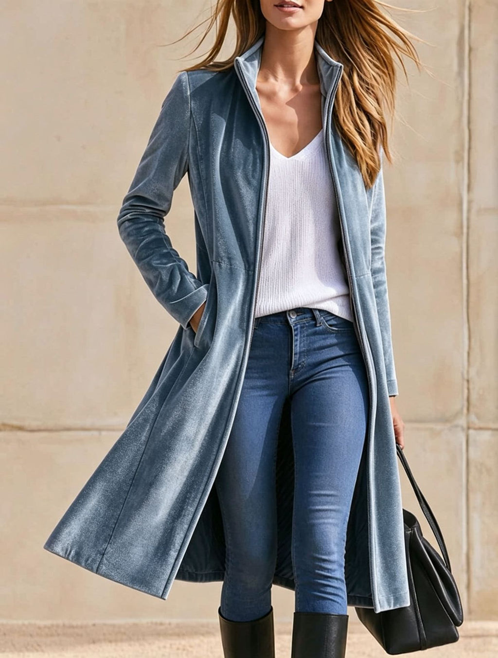 Stehkragen-Mantel über Knie, lang, Reissverschluss – Bild 2 | LuxeStyle