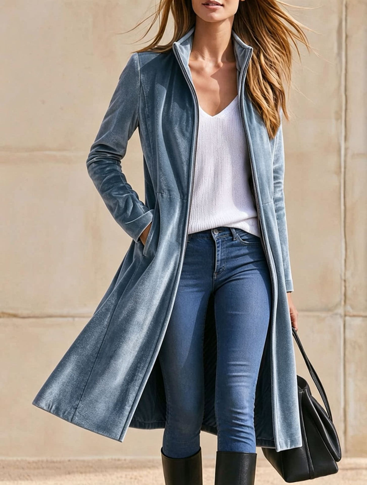 Stehkragen-Mantel über Knie, lang, Reissverschluss – Bild 2 | LuxeStyle