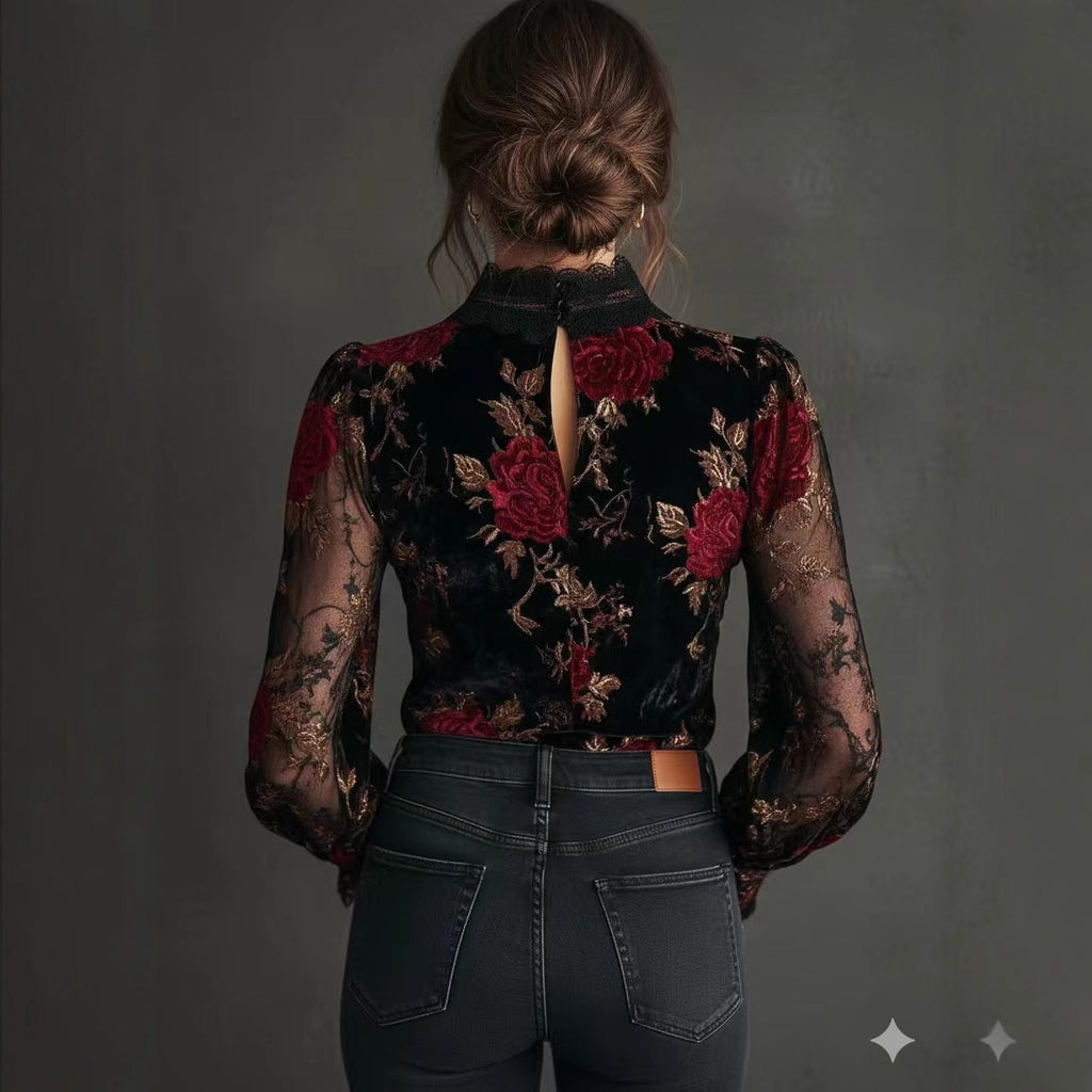 Gold Samt Bluse mit Stickerei
