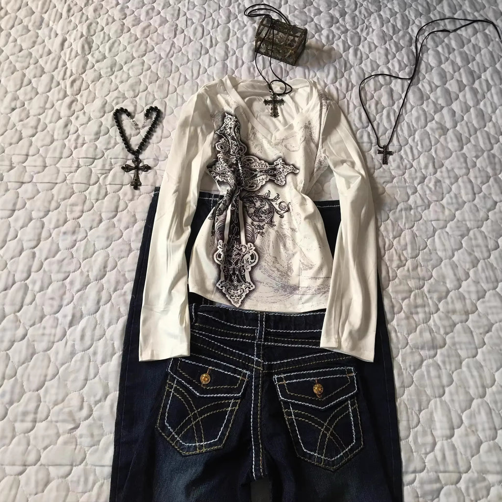 Damen Langarm-Shirt mit V-Ausschnitt & Print
