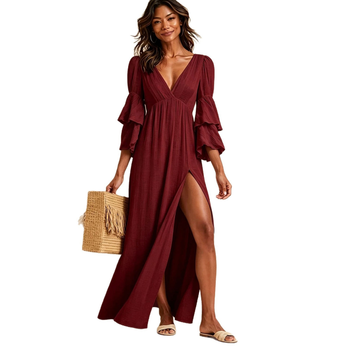Maxikleid mit V-Ausschnitt und Volantärmeln | LuxeStyle