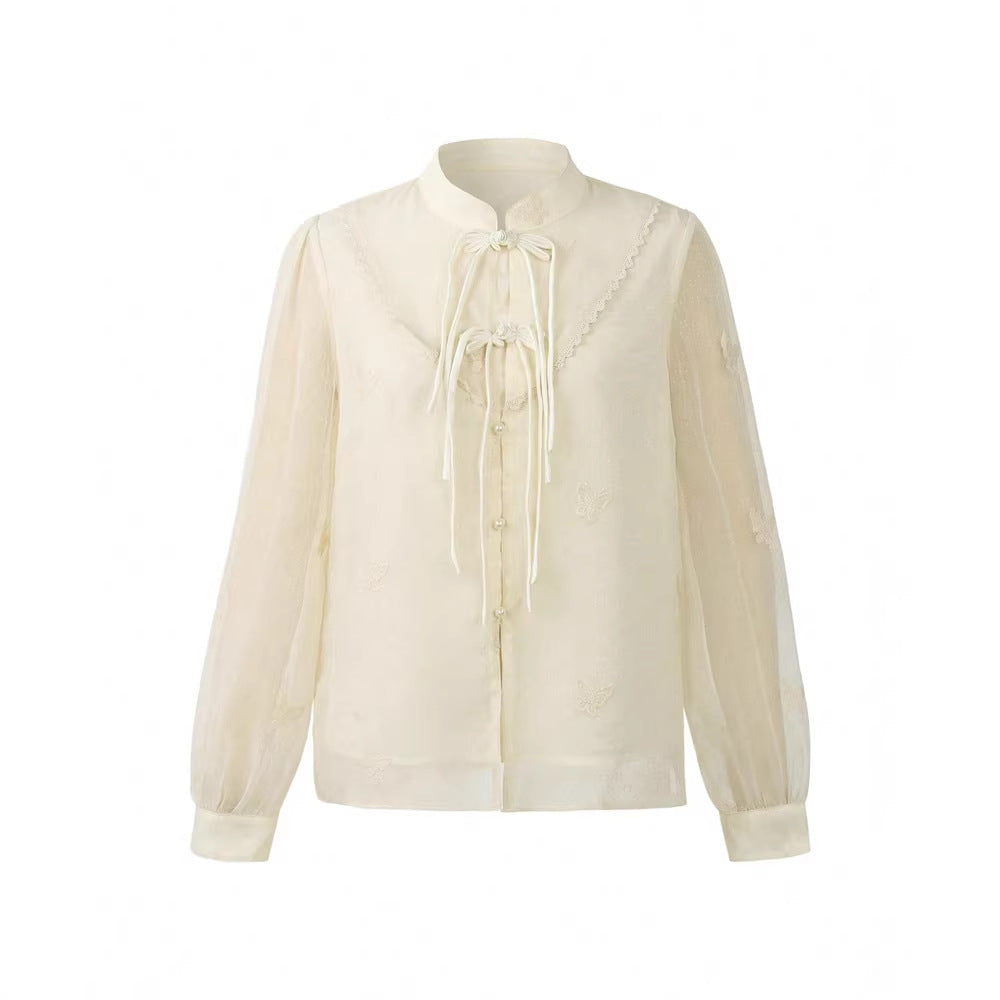 Besticktes Langarm-Shirt mit Stehkragen – Bild 5 | LuxeStyle