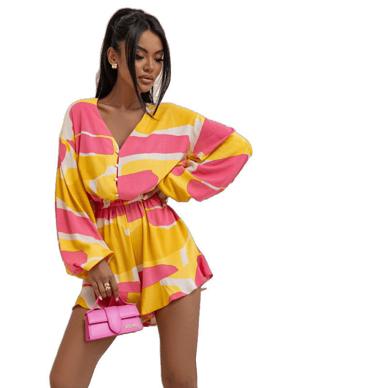 Bedruckter V-Ausschnitt Langarm Jumpsuit