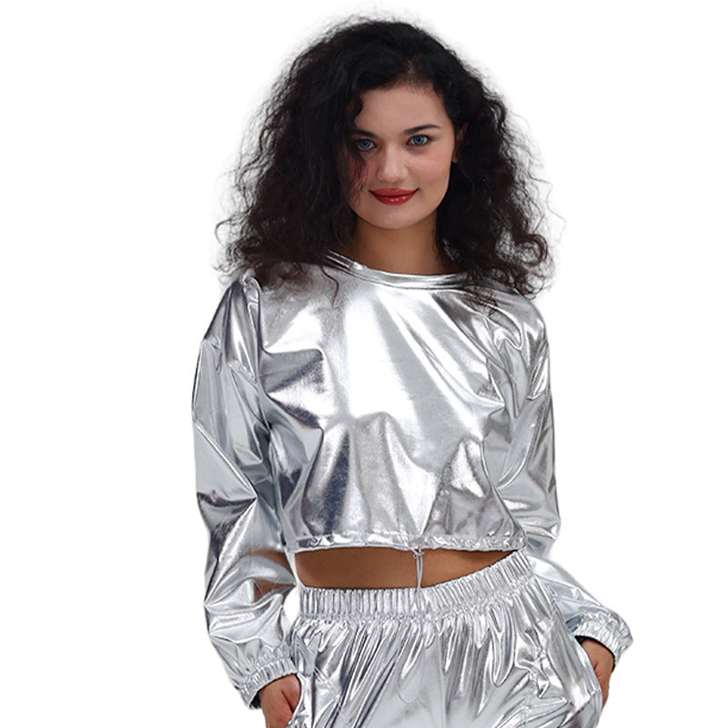 Glänzendes Kunstleder-Sweatshirt mit Rundhals