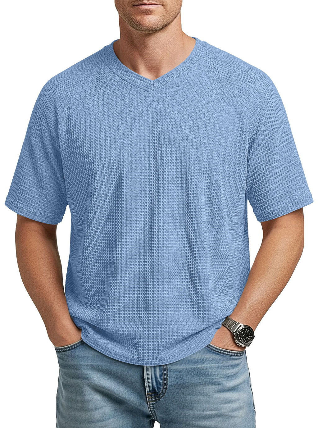 Herren V-Ausschnitt Raglan Waffelstrick T-Shirt