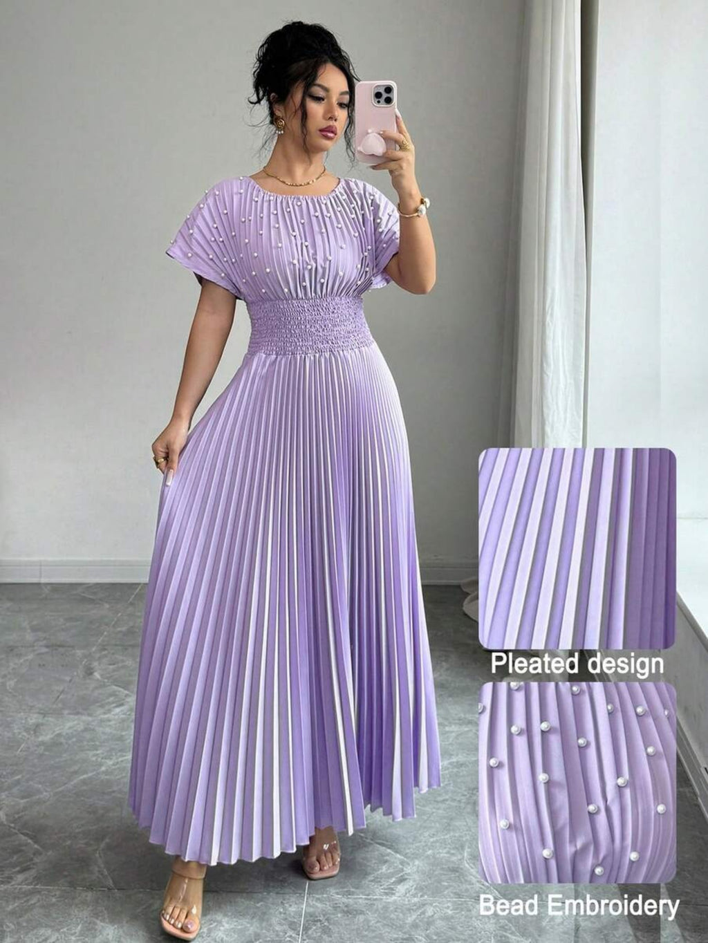 Damen Faltenkleid mit Perlen-Detail – Bild 6 | LuxeStyle