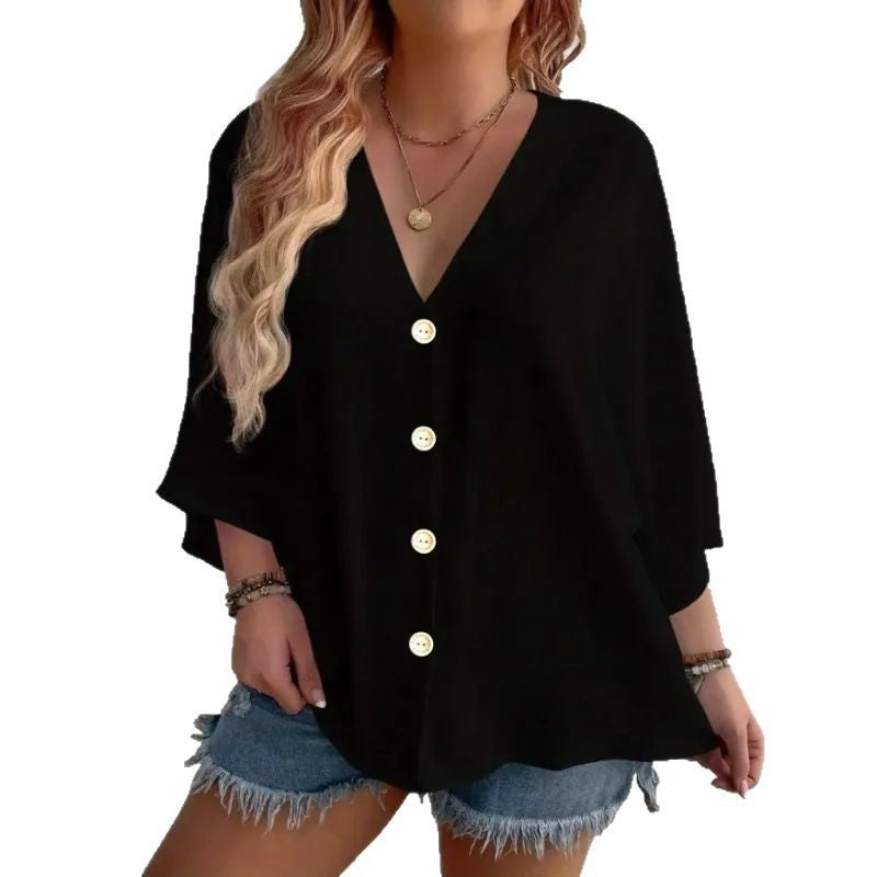 Damen V-Neck Shirt mit 3/4-Fledermausärmeln